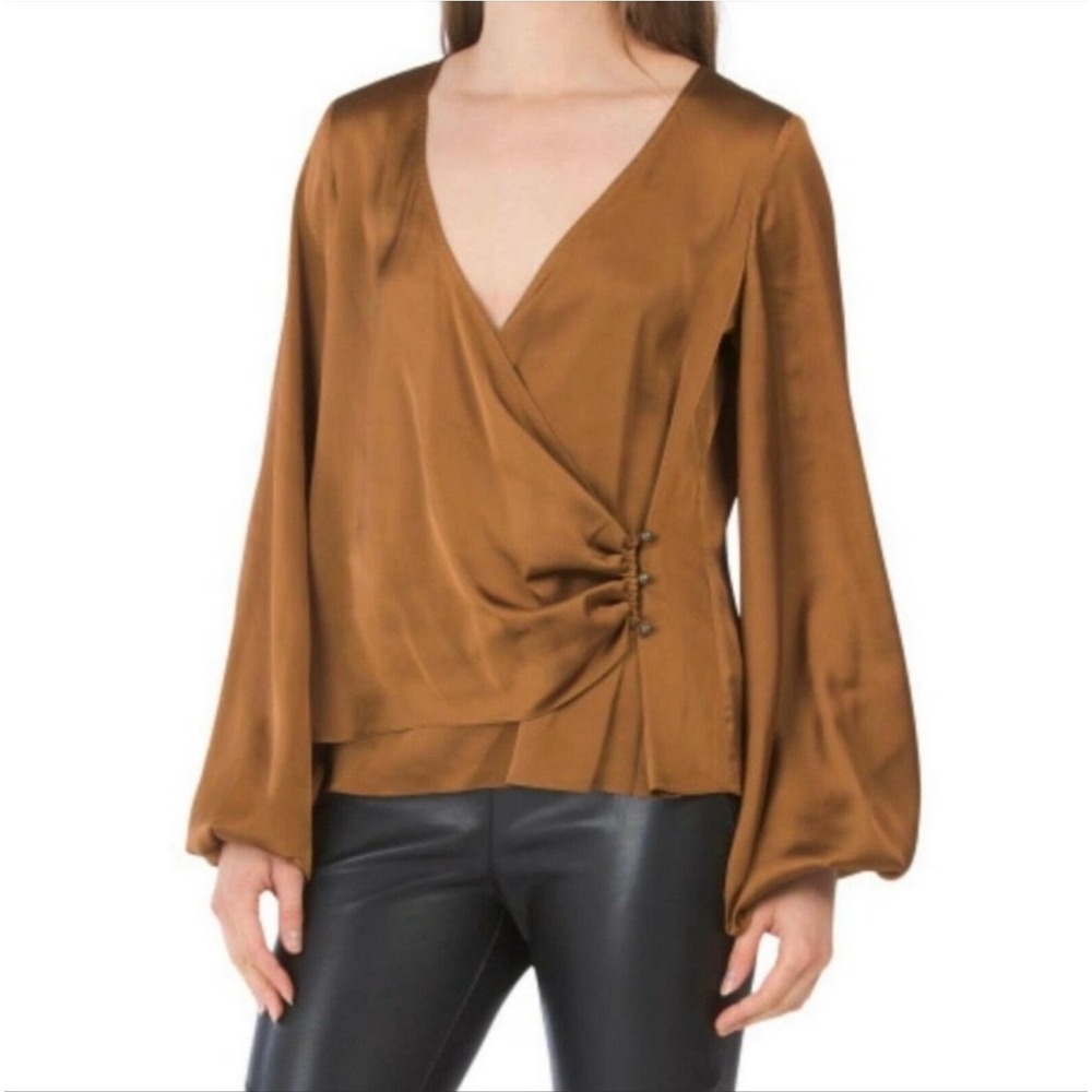 Ramy Brook Sandra Blouse Large Copper Brown Satin Surplice Wrap Office Comfy